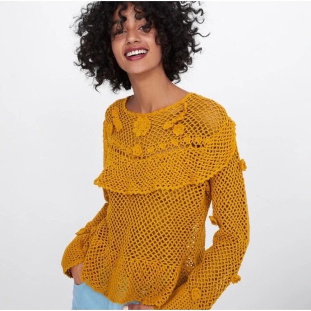 Zara‎ Ruffled Crochet Open Knit Peplum Long Sleeve Top Mustard M Boho Festival